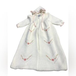 Carriage Boutique Vintage White and Pink Knit Baby Gown with Hood NB